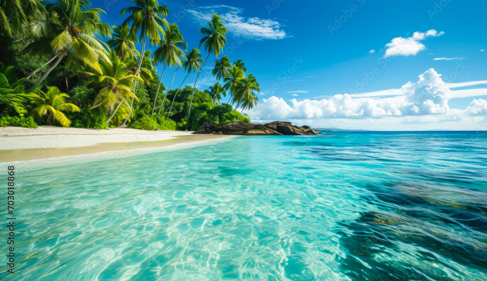 Fototapeta premium Beach of an Island in the Tropical Caribbean Tropical Island Dreamlike Landscape Wallpaper Background Brainstorming Family Digital Art Magazine Poster