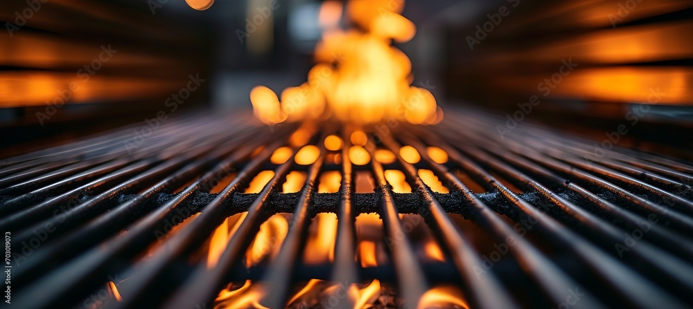 Vibrant flames dramatically illuminating an empty barbecue grill grid on a stylish black background