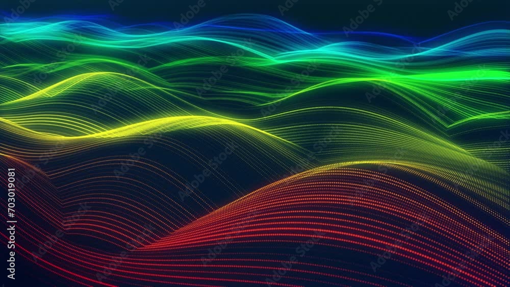 Stunning surface composed of neon glow particles that form waves of ...