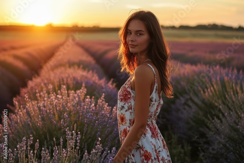 Female model in a floral summer dress in a lavender field at sunset.