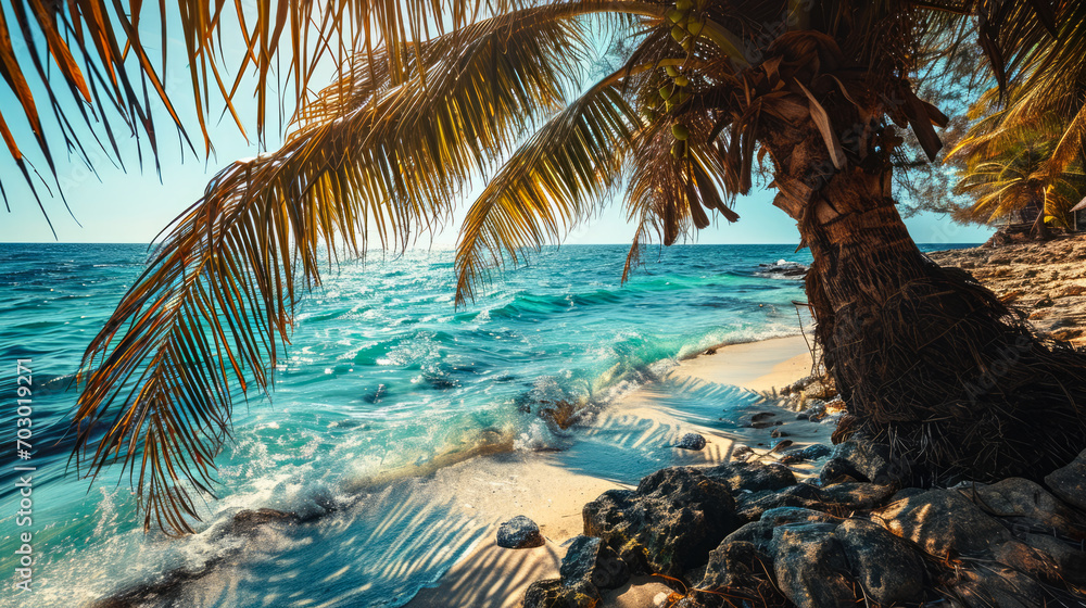 Fototapeta premium Beach of an Island in the Tropical Caribbean Tropical Island Dreamlike Landscape Wallpaper Background Brainstorming Family Digital Art Magazine Poster
