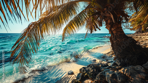 Beach of an Island in the Tropical Caribbean Tropical Island  Dreamlike Landscape Wallpaper Background Brainstorming Family Digital Art Magazine Poster