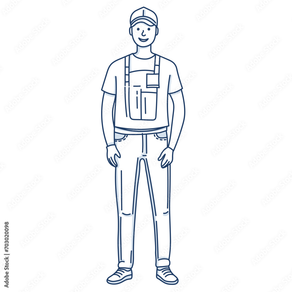 person in uniform. A courier, a man in work clothes, delivering orders. Illustration in linear style
