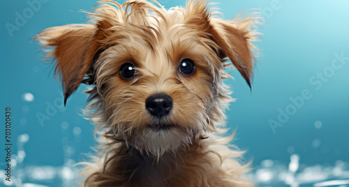 A cute puppy on blue backdrop, generative AI