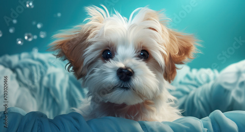 A cute puppy on blue backdrop, generative AI