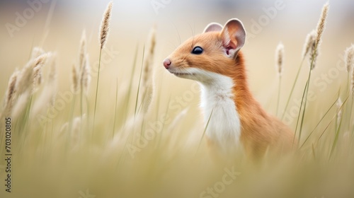  a close up of a small animal in a field of grass with tall grass in the foreground and a blurry sky in the background.