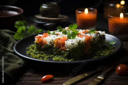 Tricolor Tiranga Rice for indian Republic and Independence day, served in a ceramic plate, selective focus photograph