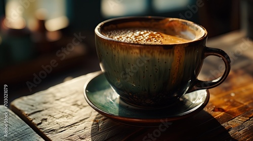 A steaming cup of coffee rests on a rustic wooden table, bathed in warm light.