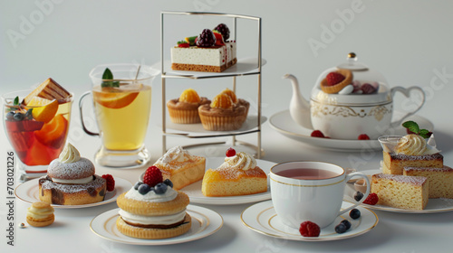 Front view fresh afternoon tea and dessert set with clear white background and spotlight for product presentation. Created using generative AI.