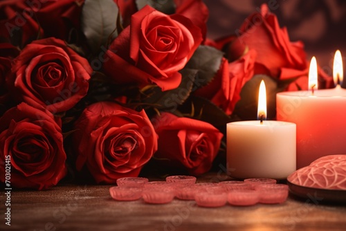 valentines day background, social media background for vday, full of romance cards with love, red rose and candles photograph