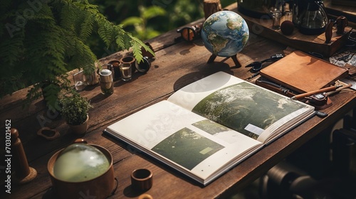 Ecology, Environment Background with Tabletop and Book. photo