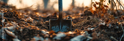 Close up shovel buried in the ground. Panoramic image