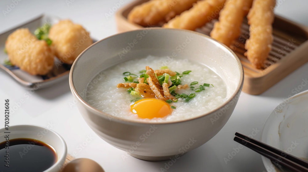 Front view fragrant congee rice porridge with boil egg and pork ball and frie dough stick with plain white background and warm light for advertise and presentation. Created using generative AI. Front view fragrant congee rice porridge with boil egg and pork ball and frie dough stick with plain white background and warm light for advertise and presentation. Created using generative AI.