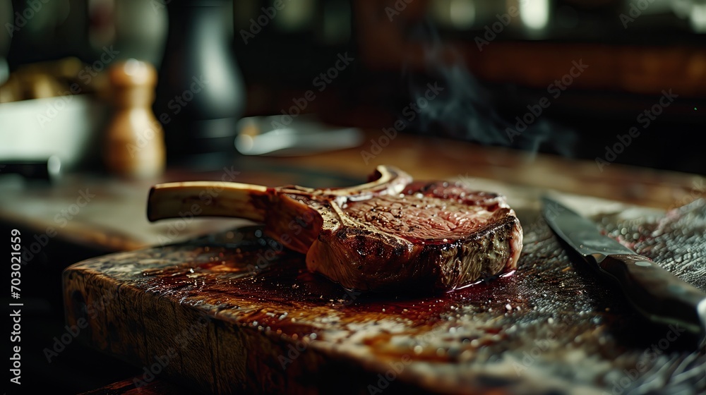 A tomahawk steak is seared and cooked. A tomahawk steak is seared and cooked.
