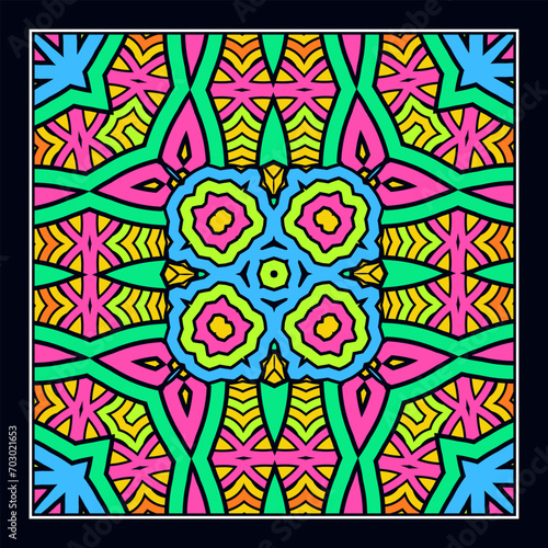 An original ornament for a square scarf, tablecloth, wall panel or any other decorative object. Contrasting color palette. Version No. 17. Vector illustration