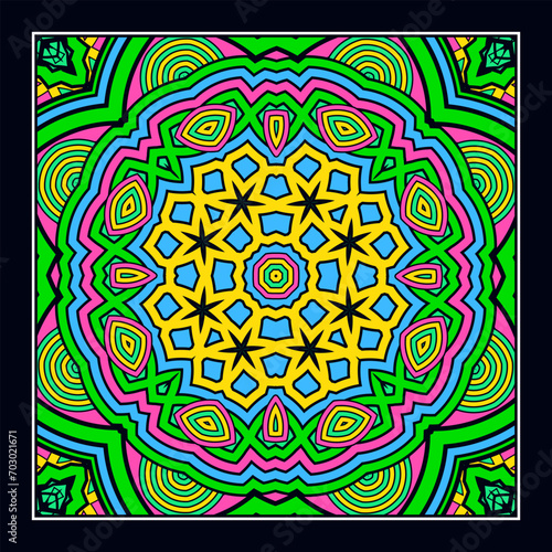 An original ornament for a square scarf, tablecloth, wall panel or any other decorative object. Contrasting color palette. Version No. 11. Vector illustration