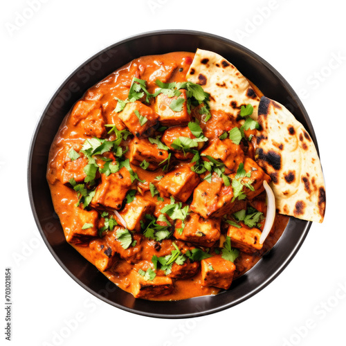 Delicious Plate of Paneer Tikka Masala with Naan Isolated on a Transparent Background 