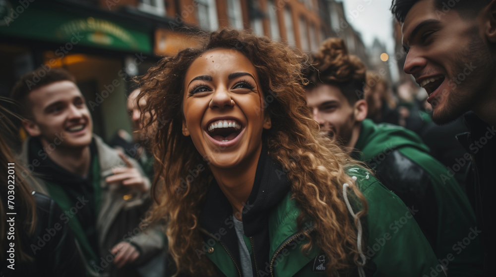 young woman girl celebrating St Patrick's Day on the street outside outdoor young woman girl celebrating St Patrick's Day on the street outside outdoor