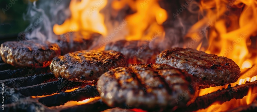 Grilling burgers and sausages over open flames on the grill. Grilling burgers and sausages over open flames on the grill.