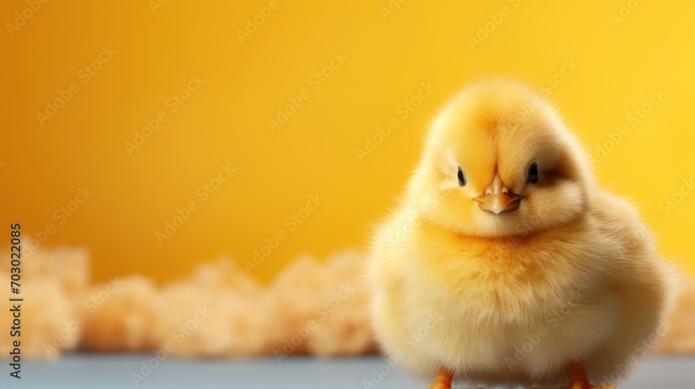 Fototapeta premium a small yellow chicken sitting on top of a blue floor next to a yellow wall and a pile of dry grass.