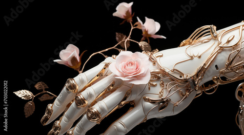 Porcelain female hands adorned with gold and flowers  generative AI