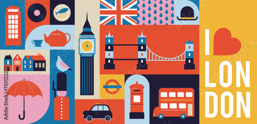 London, Uk, England geometrical banner design. Colorful modular illustration with London buildings, umbrella, red bus, cab, telephone and more. Vector elements,