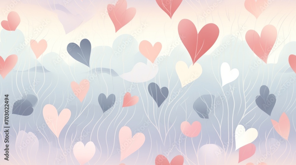 a bunch of hearts floating in the air on a pink and blue background with a pink sky in the background. a bunch of hearts floating in the air on a pink and blue background with a pink sky in the background.