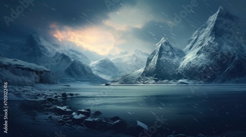 a snow covered mountain range with a body of water in the foreground and a cloudy sky in the background.