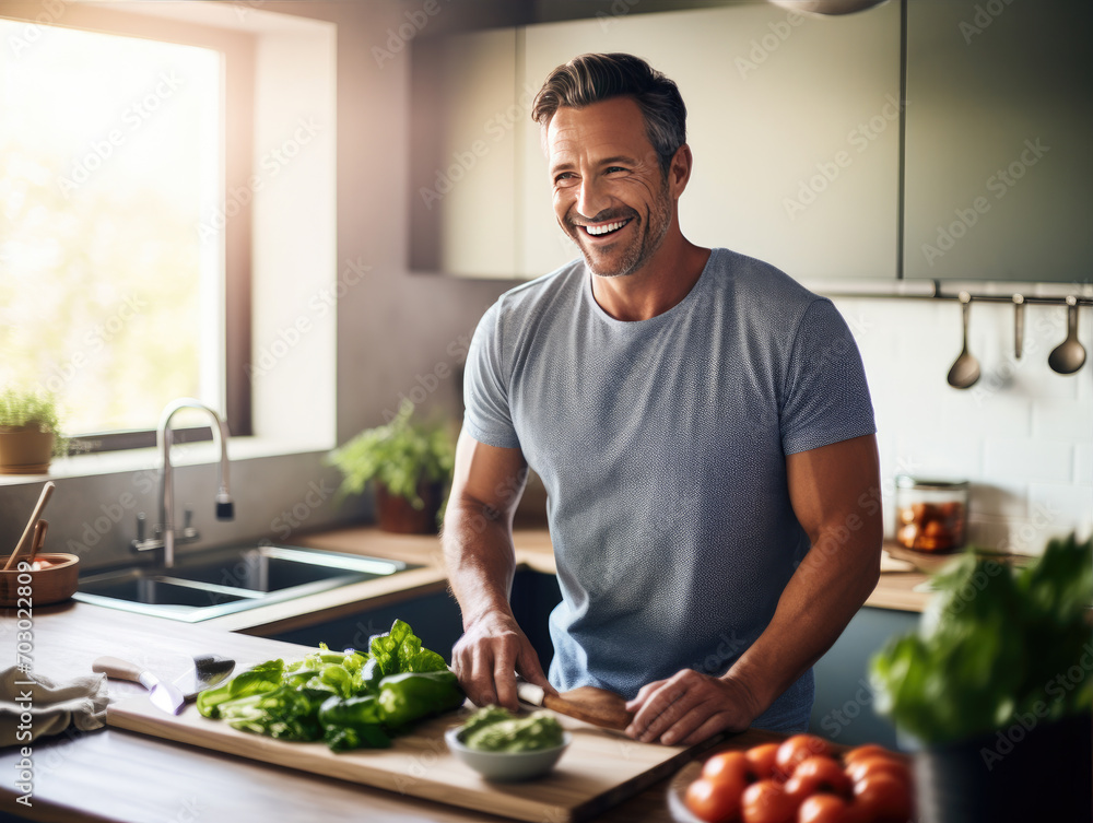 Happy healthy fitness man in the kitchen with healthy food Happy healthy fitness man in the kitchen with healthy food