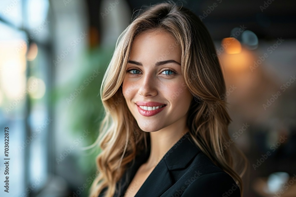 smiling European woman who knows her worth looks at the camera, modern office. Behind the smile you can feel the character, a business person with extensive experience