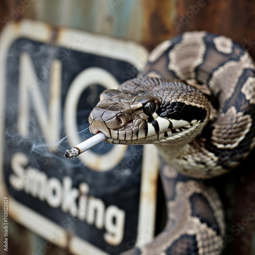 A Rebellious Snake Defying the No Smoking Sign