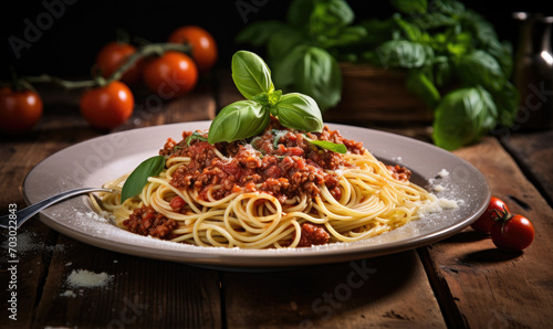 Traditional pasta spaghetti bolognese in  plate on wooden table dark background