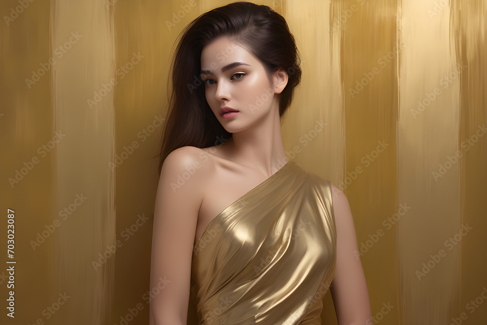 monochrome painting of a poised model enveloped in the harmony of a gold toned backdrop. AI generated monochrome painting of a poised model enveloped in the harmony of a gold toned backdrop. AI generated