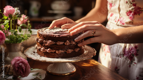 a delicious chocolate cake and a woman's hands