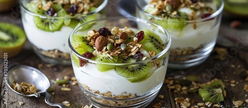 Ultimate healthy seed: Homemade yogurt with granola, kiwi, dried fruit, and nuts.