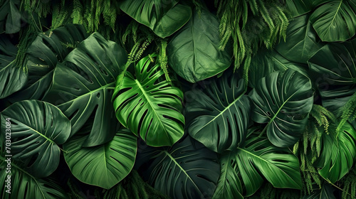 Group background of dark green tropical leaves (mostera, palm, coconut leaf, fern, bananaleaf). Panorama background, concept of nature photo