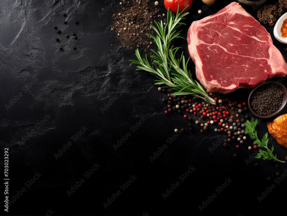Raw beef steak on black stone board. Rosemary, spices, seasonings, fresh tomatoes. Top view with copy space.