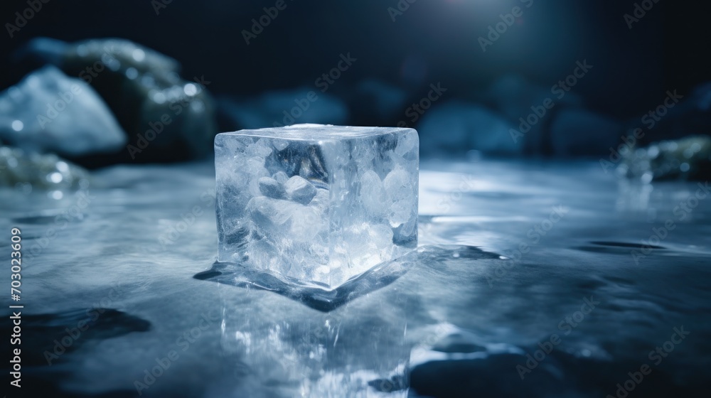 a square ice block sitting on top of a table covered in ice and ice flakes on top of it. a square ice block sitting on top of a table covered in ice and ice flakes on top of it.