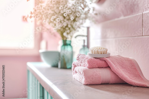 Bathroom with pastel pink walls and stack of towels. Spring concept. Generative AI