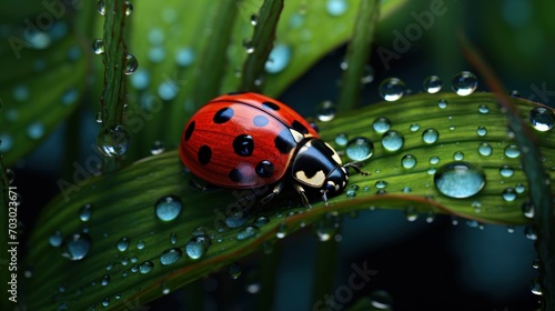  a ladybug sitting on top of a green leaf with drops of water on it's back legs.