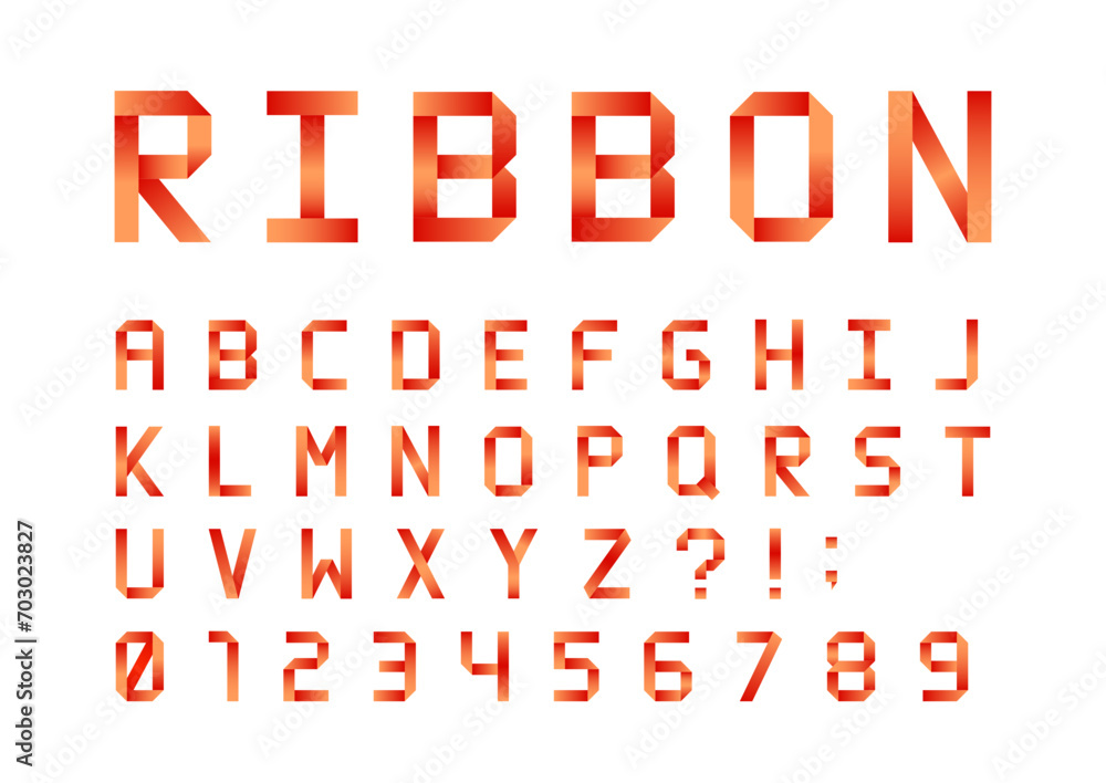 Vector Latin Font in the Form of Bands, Ribbons or Folding Paper. Red Color Style Vector Latin Font in the Form of Bands, Ribbons or Folding Paper. Red Color Style