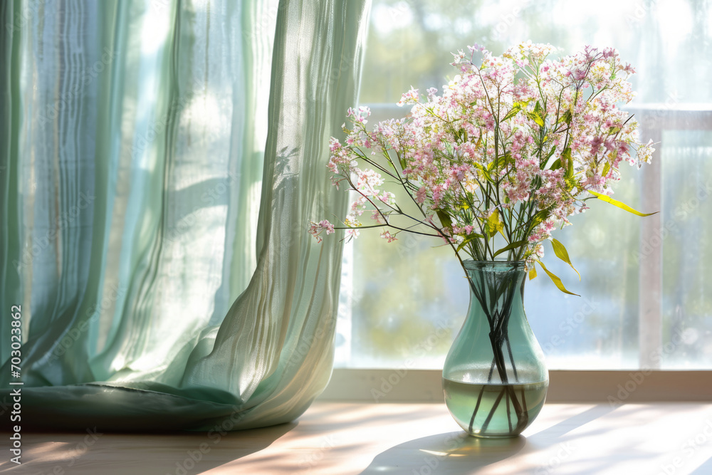 Pastel colored curtain and vase with spring flowers on sunny background. Generative AI - obrazy, fototapety, plakaty 