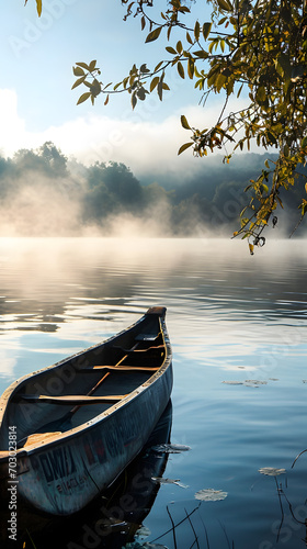a tranquil lakeside view at dawn, with a canoe resting on the calm water and mist rising in the air © Lin_Studio
