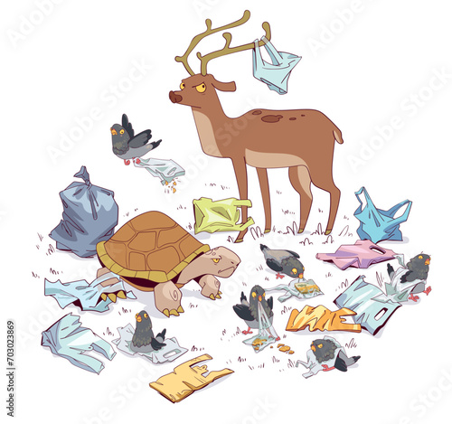 Ecology Problem. Animals are out in the wild in a polluted environment. Colorful cartoon character. Funny vector illustration. Isolated on white background