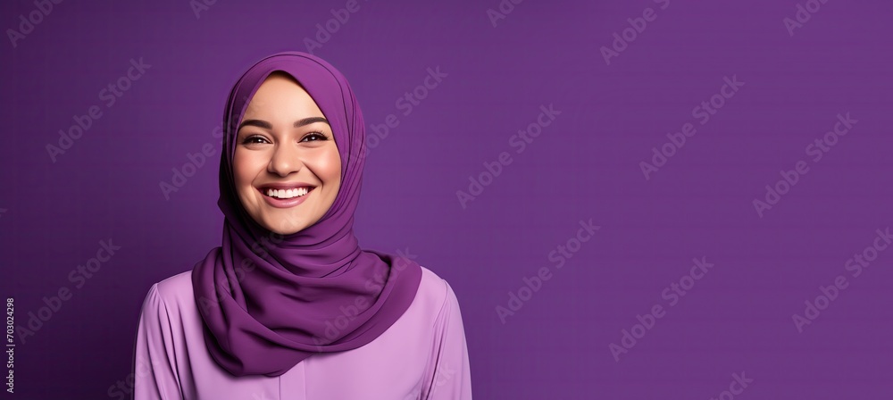 Beautiful Young Muslim Woman on a Purple Background for Internationals Woman Day Beautiful Young Muslim Woman on a Purple Background for Internationals Woman Day