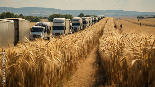 column of heavily loaded trucks with grain stands in the middle of an unharvested wheat field, grain delivery, transportation of essential goods, High quality photo photo