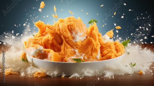  a close up of a bowl of food on a table with a splash of milk coming out of the bowl.