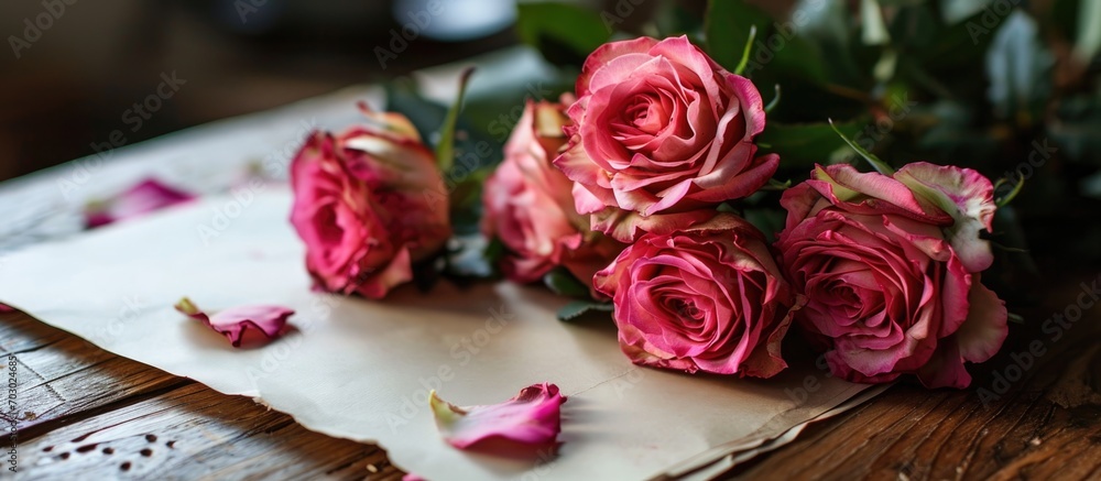 Roses on desk with blank paper. Roses on desk with blank paper.