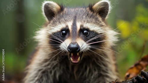 A close up of a raccoon with its mouth open. Generative AI.