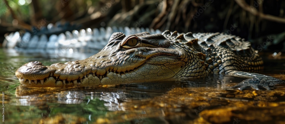 Fototapeta premium Belize's Morelets Crocodile, scientifically known as Crocodylus moreleti.